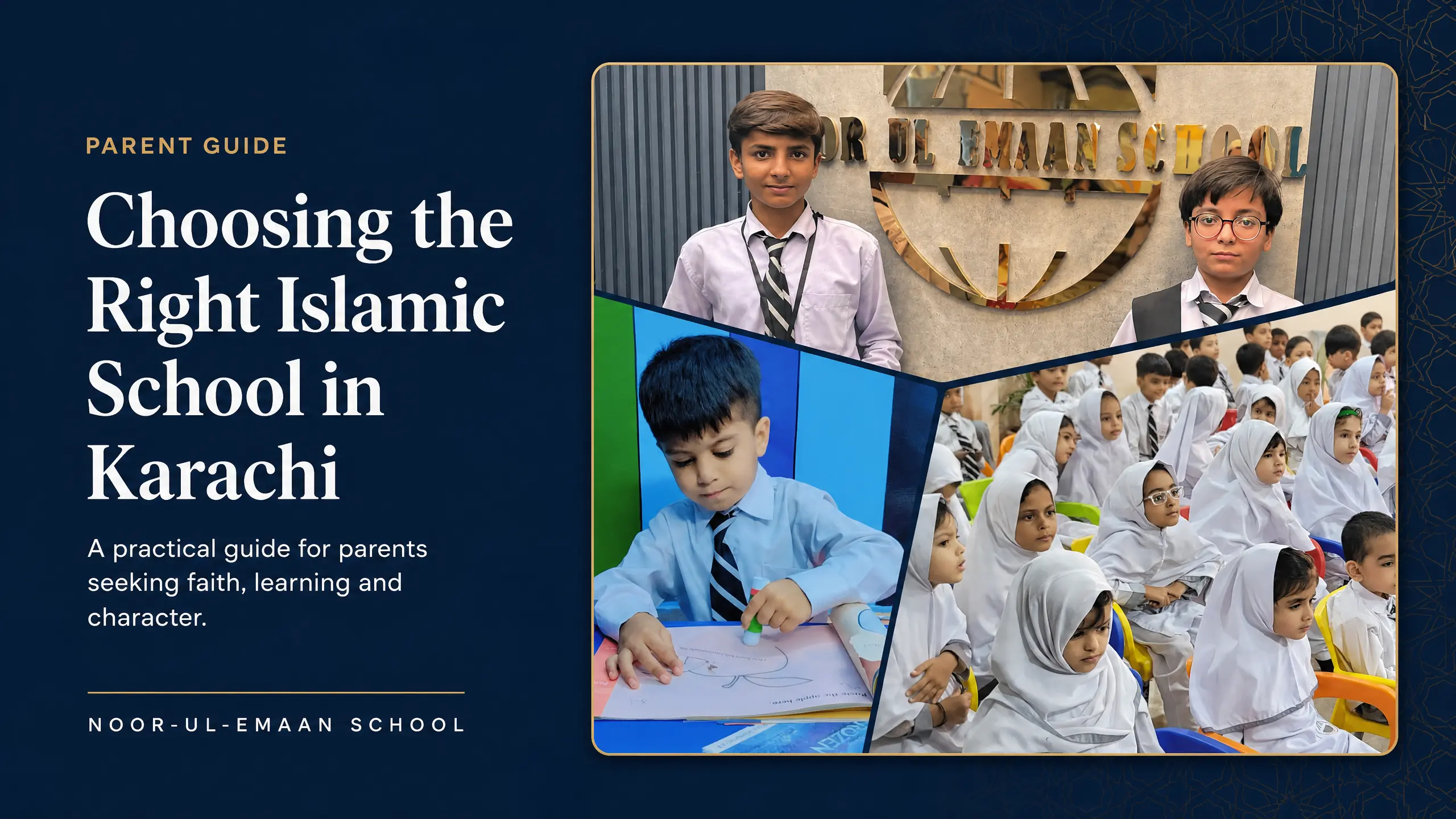 Young students in uniform listening attentively during a Noor-ul-Emaan School activity