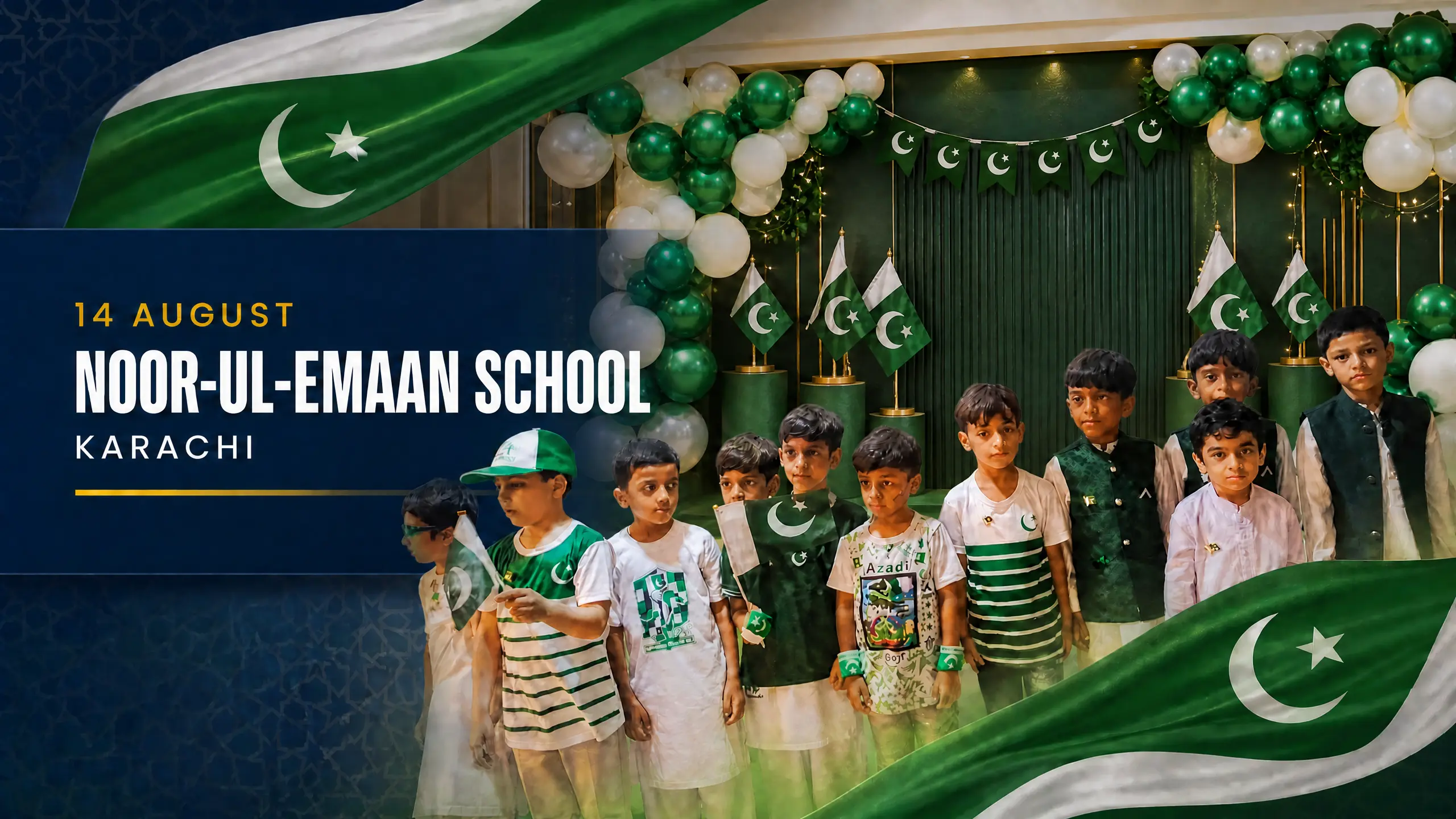Noor-ul-Emaan School Boys Campus students celebrating Pakistan Independence Day on 14 August in Karachi